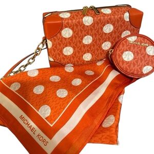 Michael Kors Orange and White Polka Dot Crossbody Bag Set